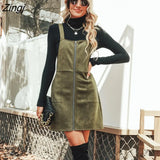 PETAL Olive Faux Suede O-Ring Pinafore Dress For Women Sexy Square Neck Shift Mini Dress 2023 Autumn Winter Female