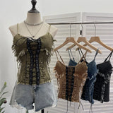 Shooting Do The Old Fur Side Of The Denim Splicing Pu Skin Lace Sling Vest Short Without Sleeve Top