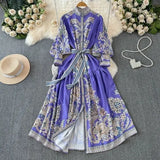 Retro High-End Lantern Long-Sleeved Print Dress Female Light Luxury Elegant Single Buckle Waist Swing