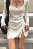 Square Neck Lace Patchwork Bodycon Black Dress Women Elegant Cotton Fashion Side Split Autumn Dress Mini Ladies