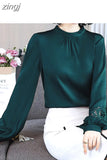 Women's Blouse Silk Tops for Women Solid Embroidered Long Lantern Sleeve Top Stand Neck Clothing Female 2023 Basic