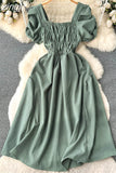 Vintage Women Square Collar Draped Dress Eleagant Puff Short Sleeve High Waist A-Line Knee-Length Robe Female New