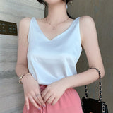 Women Silk Blouses Women Satin Tops Woman Sleeveless Blouse Tops Woman Satin V-neck Blouse Ladies Tops Basic OL White