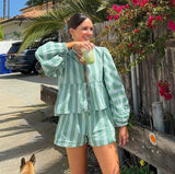 Women's INS Explosion Striped Striped Lantern Sleeve Shorts