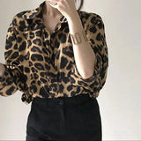 Chic Autumn Vintage Leopard Print Collar Single Buckle Loose Leisure Long-Sleeved Shirt
