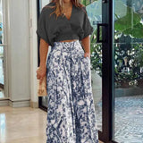 Bat Sleeve Horn Trousers Set Ins Short Blouse V-Neck Fashion Wide Leg Trousers