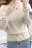 Winter Women Sweaters and Pullovers Long Sleeve Casual Embroidery Turtleneck Slim Knitted Jumpers Pull Femme