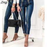 Autumn Fashion O-Ring Zipper Decor Skinny Jeans Dark Blue Long Trousers Denim Pants Casual Streetwear Womens Clothes