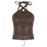 Culture Leather Splicing Vest Ancient Early Do Old Sexy Bare Back Belt Belt Short Hanging Neck Sling