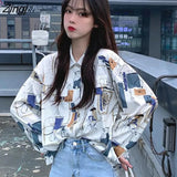 Shirts Women Long Sleeve Print Ulzzang Cat Turn-down Collar Students Designed Womens Korean Style with Buttons