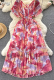 Vintage Women Printed Pleated Long Dress Elegant V-Neck Short Sleeve Ruffle Maxi Vestidos Female Beach Draped Robe
