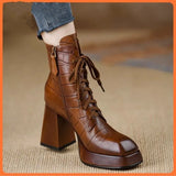 Handmade Women's Shoes 2025 Autumn And Winter New Waterproof Table Head High Heel Short Boots Thick Heel Brown