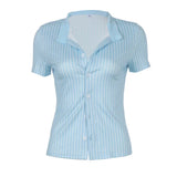 Zingj Hot Girl Simple Blue Striped Shirt Polo Collar Waist Versatile Single Breasted Casual