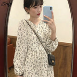 Women V-neck Retro Floral Basic All-match Trendy Ulzzang Sweet Ladies Long Dresses Chic Popular Mid-calf Vestido De