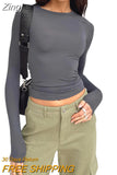 Women's Basic Long Sleeve Crop Top Solid Color Crew Neck Cozy Stretchy Slim Fitted Cropped T Shirts Pullover