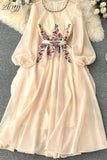 White/Beige Beading Embroidered Long Dress For Women Elegant O-Neck Puff Sleeve High Waist Elegant Party Robe New
