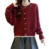 With A Soft Glutinous Nail Beads Color Short Cardigan Knitted Sweater Women's Spring And Autumn New Loose Chic