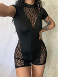 Ladies Mesh Sheer Splicing Slim Jumpsuits Summer Women Diamonds Plaid Rhinestones Short Sleeve O-neck Trousers