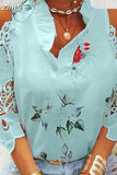 Hollow Out Printed Blouses V-Neck Short Sleeve Lace Shirts Summer Female Strapless Blouse Women Casual Tops Elegant