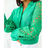 Sexy Lace Hollow Out Women Blouse Streetwear 2023 Autumn Black Button Up Shirts Green Top Long Sleeve Mesh Design