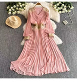 Niche Dress Women's Autumn Dress French Heavy-Bred Celyt Splicing V-Neck Lantern Sleeves To Close The Waist Su Hundred Folded