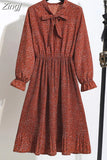 Women Elegant Casual Floral Print Autumn Winter Pleated Dress Vintage Bow Collar Long Sleeve Chiffon Shirt Dress 2023 Robe