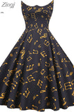Summer Dress Women Sweet Peter pan Collar Vintage Elegant Music Note Print Slim Sleeveless Party Dresses