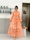 Light Luxury Temperament Dress Female High-End Feel Strapped Waist Three-Dimensional Flower Lantern Sleeve Print