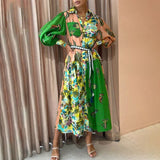 Women's Dress 2025 Casual Personality Print V Tie With Long Sleeve Dress