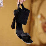Spring And Summer New High Heel Single Shoes Design Sense Niche Women's Shoes Casual Pure Black Elastic Belt Heel Sandals