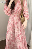 V-neck Elegant Print Chiffon Dress Women Female Puff Sleeve Korean Floral Party Dress Lady Fashion Vestidos Spring