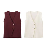 Women's Clothing 2025 Summer Solid Color Trim Gold Button Knitted Vest Top + Half Skirt