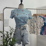 Shooting Retro Tie-Dye Double-Layer Mesh Half-High-Neck Short-Sleeved T-Shirt T-Shirt Short-Sleeved T-Shirted Woman