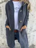 And Winter New Solid-Color Hooded Knitted Cardigan Women's Long-Sleeved Sweater Coat Loose Single-Dbutton Pocket