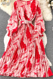 Vintage Women Printed Pleated Long Dress Elegant Round Neck Lantern Sleeve High Waist A-Line Maxi Vestidos Female