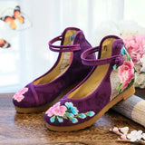 Zingj Shoes, Single Shoes, Peony Folding Fan Ancient Wind Embroidered Cloth Shoes, A Word Buckle Retro Slope Heel