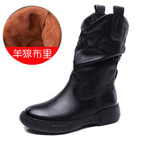 Boots Pile Boots Top Layer Of Kraft Mid-Sleet Boots Women Flat Bottom Soft Skin Autumn Winter Leather Martin Boots Horse Rider
