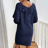 And Winter New Loose Knitting V-Neck Bow Long-Sleeved Sweater Dress