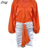 Sexy Deep V-neck Satin Two Piece Set Women Long Sleeve Top Short Skirt Sets Matching Casual Partywear Winter Women