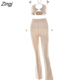 Casual Backless Two Pieces Sets Women Sexy Halter Hollow Out Top Long Flare Pant Suit Party Outfits Strapless