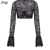 Lace See Through Petal Long Sleeve T-shirt Women Hollow Out O Neck Slim Patchwork Top Sheer Tees Fashion