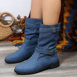 The Autumn And Winter Of 2025, The Belt Buckle Round Head Thick Bottom Mid-Sleet Boots Women Flat Bottom Low Heel