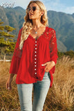 Hollow Out Crochet Lace Shirt 2023 Fashion Women Tops Solid V-neck Shirts Flare Sleeve Loose Blouse Casual Blusas