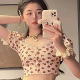 Zingj Summer Vintage Floral Short T-Shirt Women's Collar Puffed Sleeves Show Navel Top