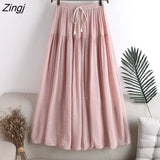 Cotton Pleated Skirt Women Drawstring Elastic High Waist Long Skirts Daily Beach Boho Black White A-line Skirt Faldas