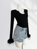 Zingj Thousand Years Royal Sister Wind Black Hot Jacket Early Spring U Collar Slim Thin Feathers Long Sleeve Bottom