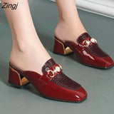 Women Baotou Half Slippers 2023 Fashion Metal Chain Square Toe Thick Heel British Style Office Casual Shoes Spring