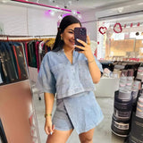Casual Jeans Set Women's Summer Loose Skinny POLO Short Sleeve Shirts Irregular