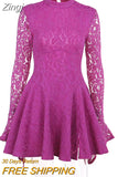 Women Sexy Long Sleeve Half High Neck Solid Color Backless Hollow Out Lace Side Zipper Split Casual Club Party