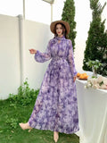 Light Luxury Temperament Dress Female High-End Feel Strapped Waist Three-Dimensional Flower Lantern Sleeve Print